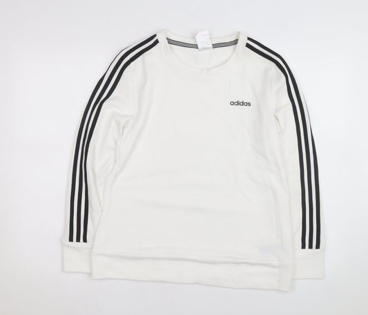 Front view of Adidas Women White Crew Neck Sweatshirt S 8-10 Long Sleeve Striped Logo