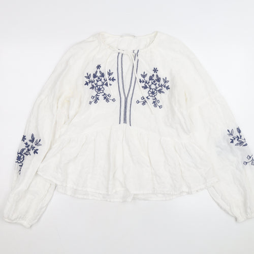 Stradivarius Women’s White Embroidered Cotton Bohemian Blouse Size 12