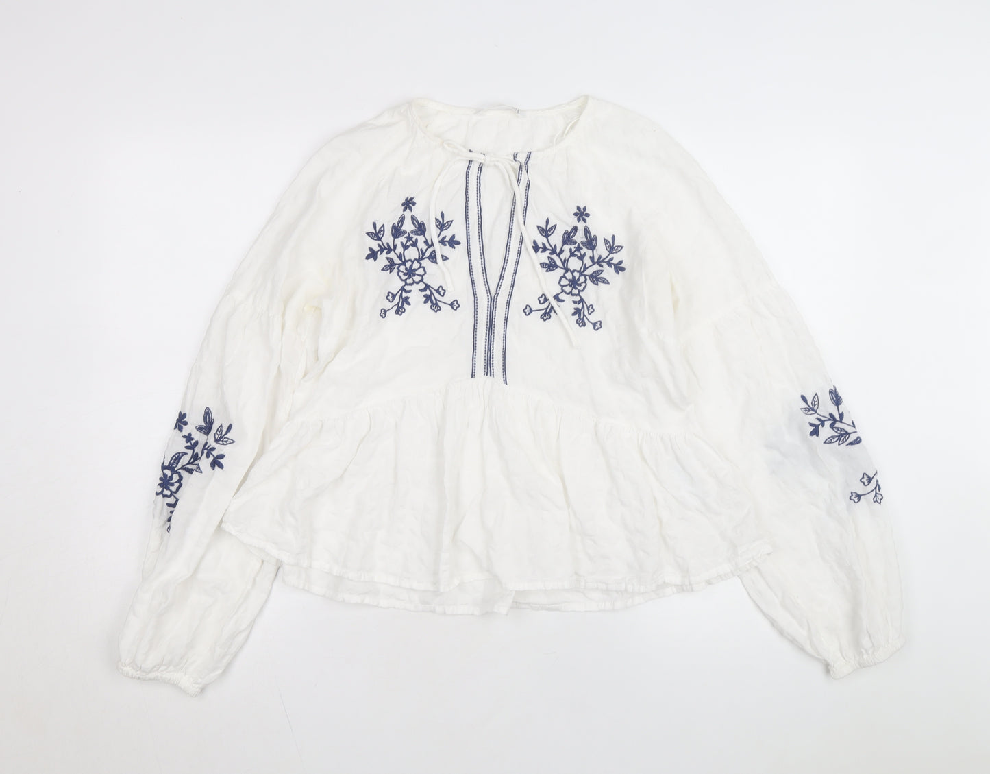 Stradivarius Women’s White Embroidered Cotton Bohemian Blouse Size 12