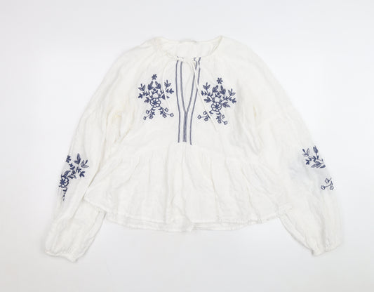 Stradivarius Women’s White Embroidered Cotton Bohemian Blouse Size 12