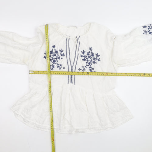 Stradivarius Women’s White Embroidered Cotton Bohemian Blouse Size 12