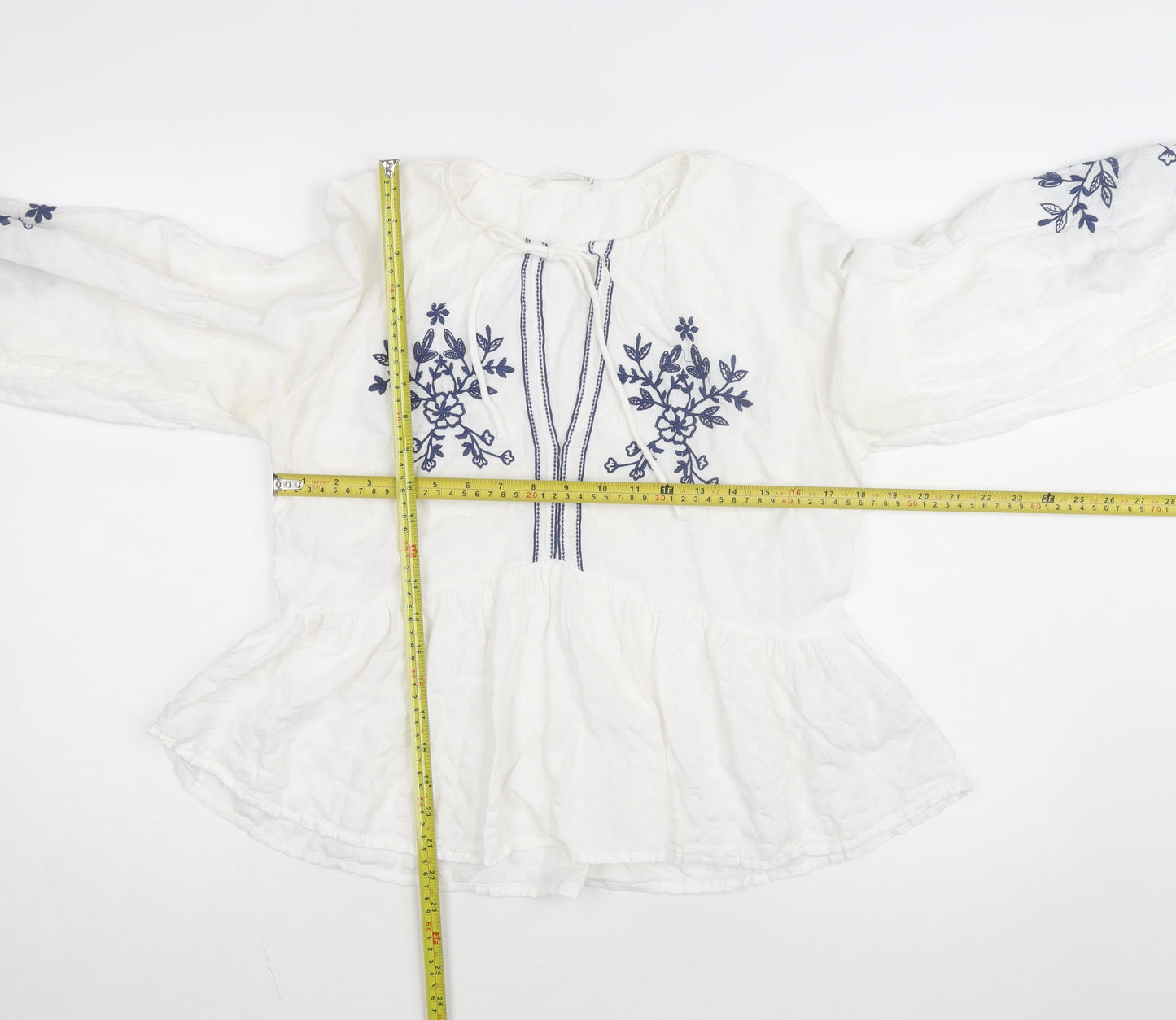 Stradivarius Women’s White Embroidered Cotton Bohemian Blouse Size 12