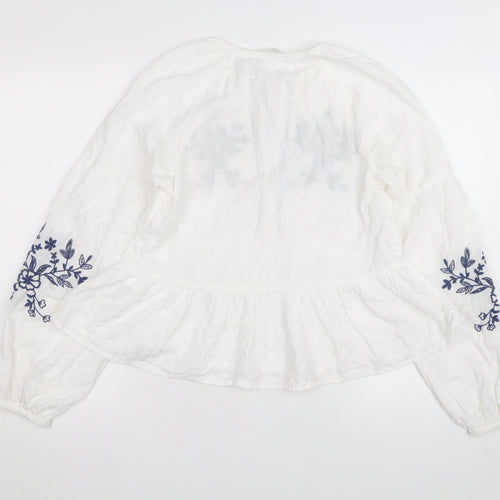 Stradivarius Women’s White Embroidered Cotton Bohemian Blouse Size 12