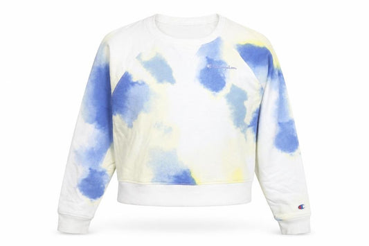 Front view of Champion Women's Blue Tie Dye Pullover Sweatshirt, size L