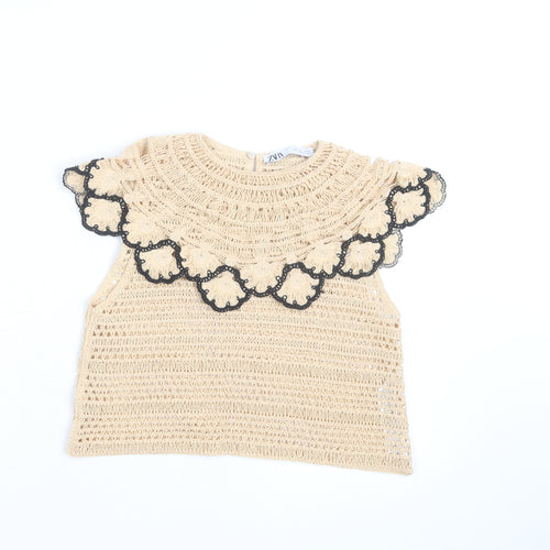 Zara Women Beige Crochet Cotton Ruffle Blouse Top Size 8