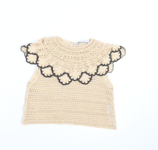 Zara Women Beige Crochet Cotton Ruffle Blouse Top Size 8