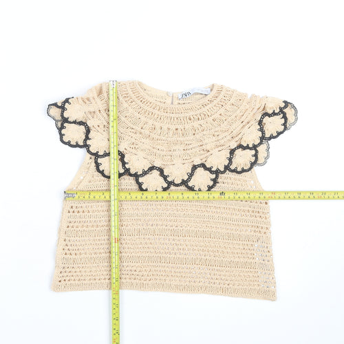 Zara Women Beige Crochet Cotton Ruffle Blouse Top Size 8