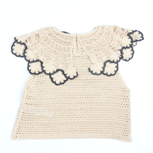 Zara Women Beige Crochet Cotton Ruffle Blouse Top Size 8