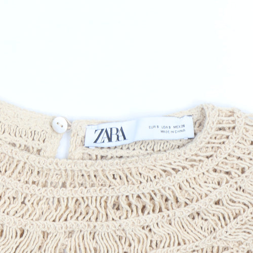 Zara Women Beige Crochet Cotton Ruffle Blouse Top Size 8