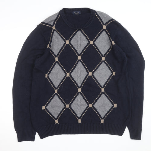 Dockers Men's Blue Argyle Cotton Crew Neck Jumper Size L