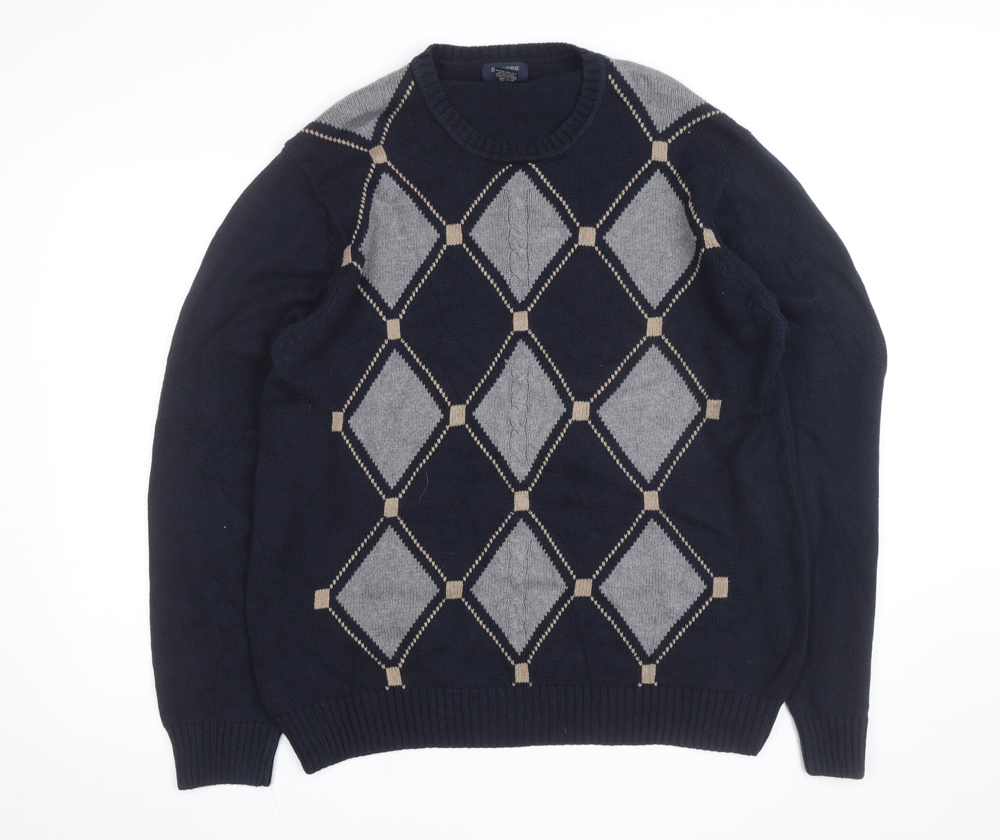 Dockers Men's Blue Argyle Cotton Crew Neck Jumper Size L