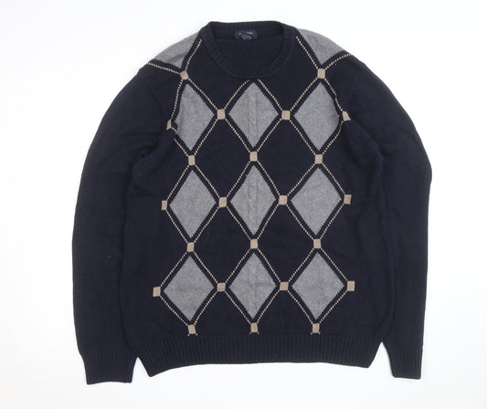 Dockers Men's Blue Argyle Cotton Crew Neck Jumper Size L
