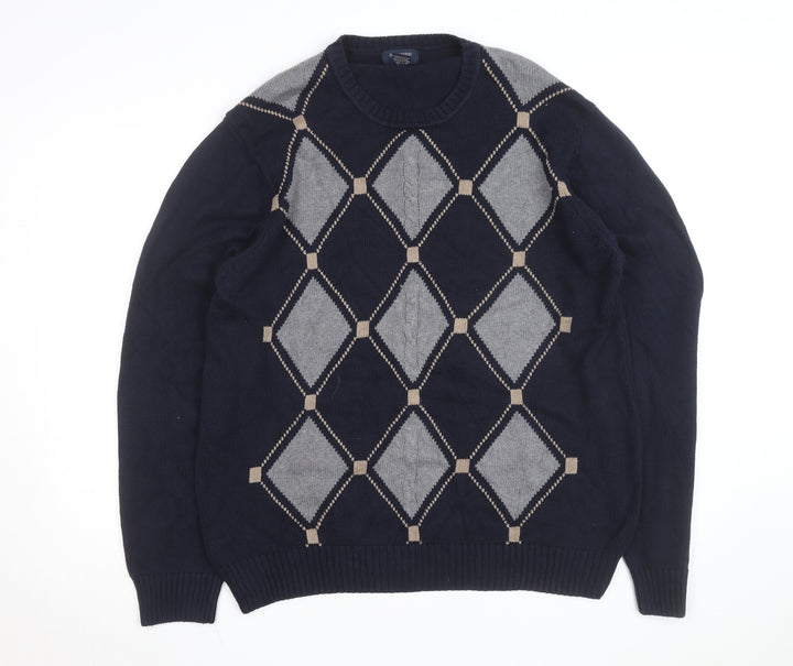 Dockers Men's Blue Argyle Cotton Crew Neck Jumper Size L