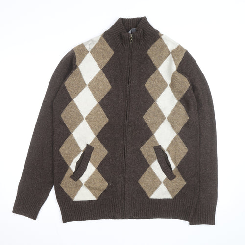 Cashew Men Brown Argyle Full Zip Wool Blend Jumper M