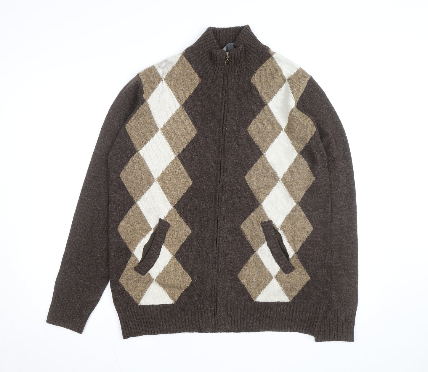 Cashew Men Brown Argyle Full Zip Wool Blend Jumper M
