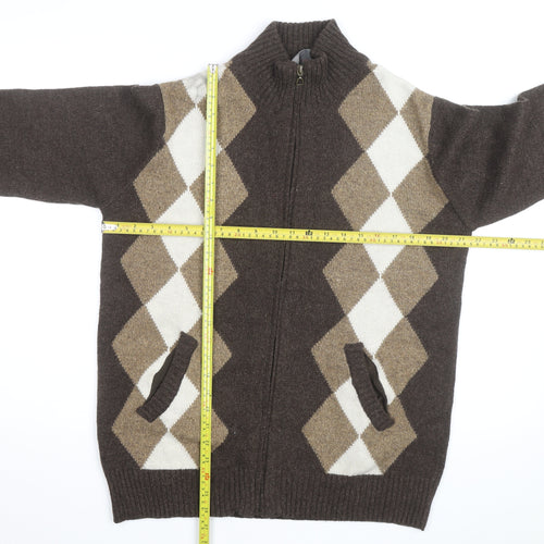 Cashew Men Brown Argyle Full Zip Wool Blend Jumper M