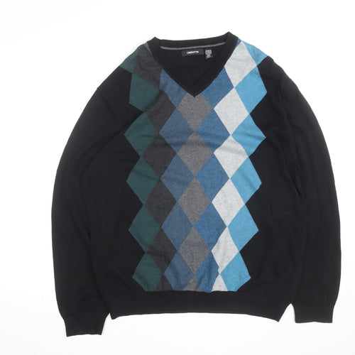 Claiborne Men's Black Argyle V-Neck Cotton Jumper XL