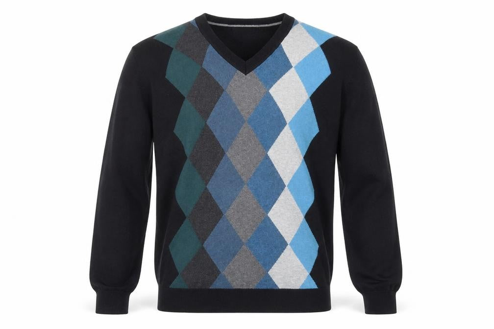 Front view of Claiborne Men's Black Argyle V-Neck Cotton Jumper XL