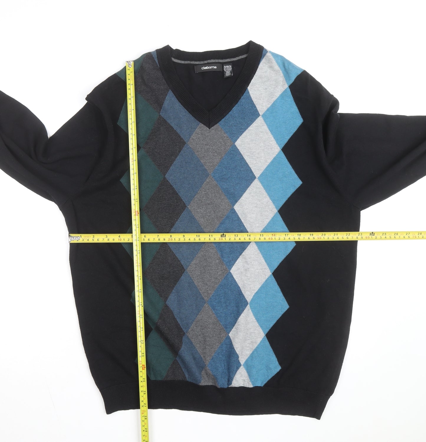 Claiborne Men's Black Argyle V-Neck Cotton Jumper XL