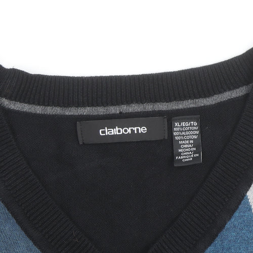 Claiborne Men's Black Argyle V-Neck Cotton Jumper XL