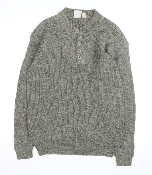 R&R Mens Grey Henley Chunky Knit Cotton Acrylic Jumper M
