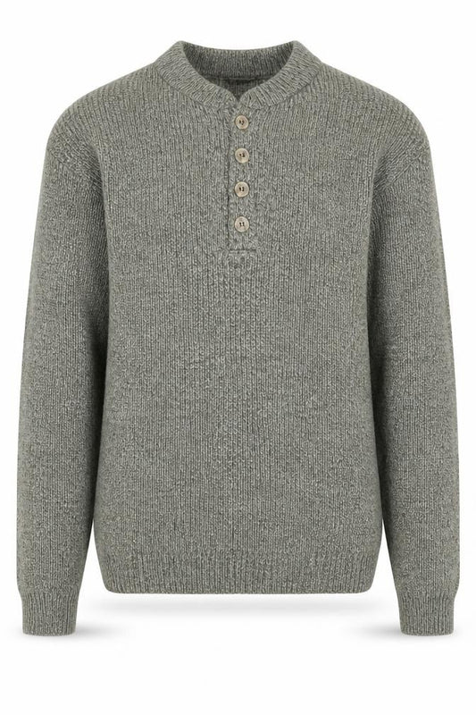 Front view of R&R men’s grey henley chunky knit cotton acrylic jumper m