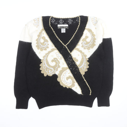 Dana Scott Womens Black Paisley V-Neck Cardigan M Knit Jumper
