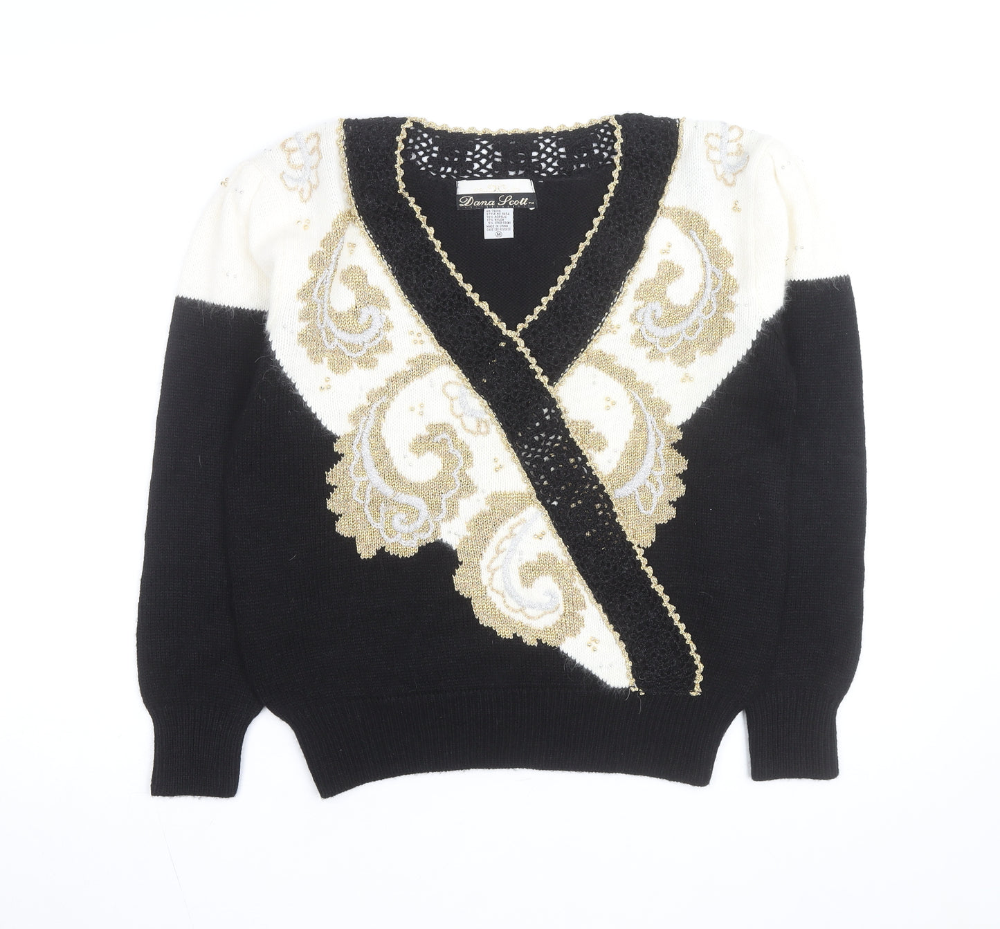 Dana Scott Womens Black Paisley V-Neck Cardigan M Knit Jumper