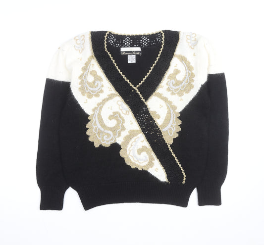 Dana Scott Womens Black Paisley V-Neck Cardigan M Knit Jumper