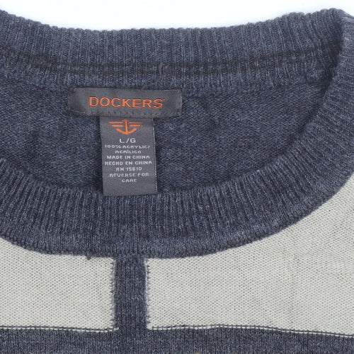 Dockers Men’s Grey Check Acrylic Knit Crew Neck Pullover Jumper Size L