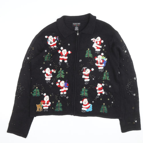 Hampshire Studio Men's Black XL Christmas Full Zip Cardigan with Santa Embroidery
