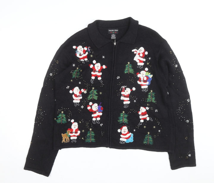 Hampshire Studio Men's Black XL Christmas Full Zip Cardigan with Santa Embroidery