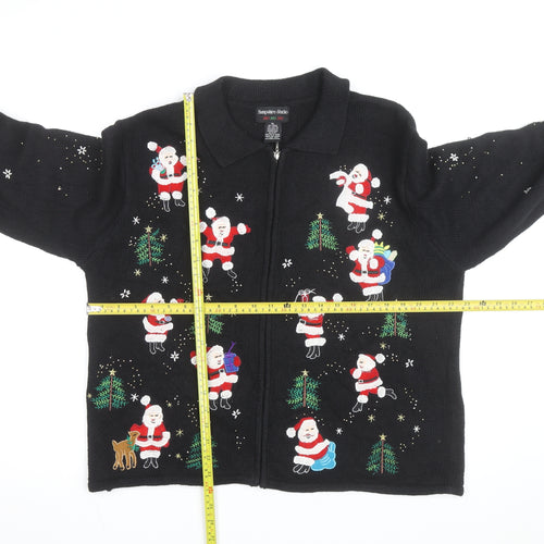Hampshire Studio Men's Black XL Christmas Full Zip Cardigan with Santa Embroidery