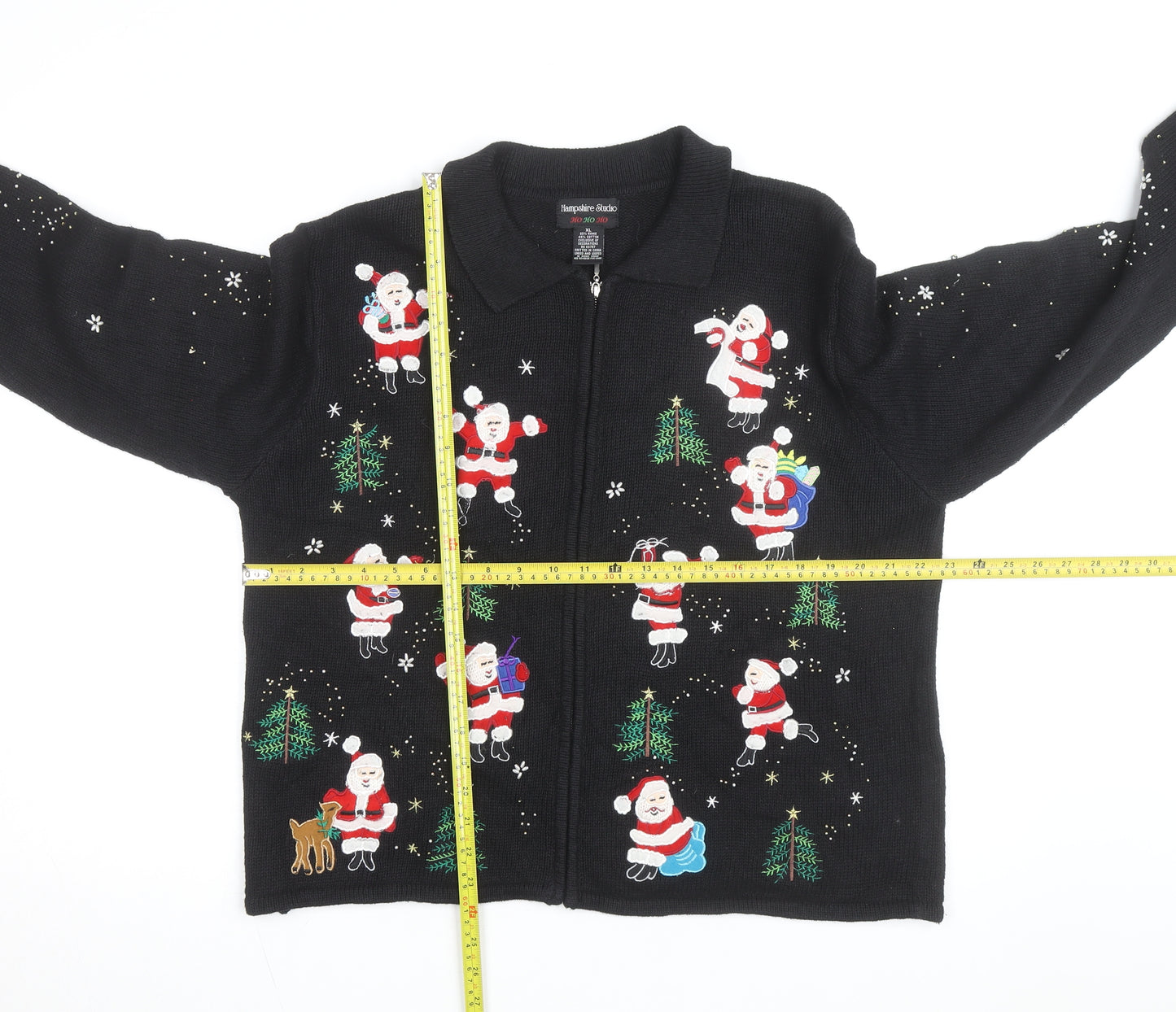 Hampshire Studio Men's Black XL Christmas Full Zip Cardigan with Santa Embroidery