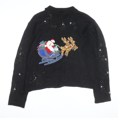 Hampshire Studio Men's Black XL Christmas Full Zip Cardigan with Santa Embroidery