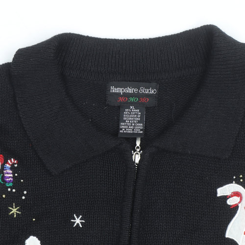 Hampshire Studio Men's Black XL Christmas Full Zip Cardigan with Santa Embroidery