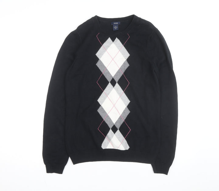 IZOD Womens Black Argyle Cotton Crew Neck Jumper Size S