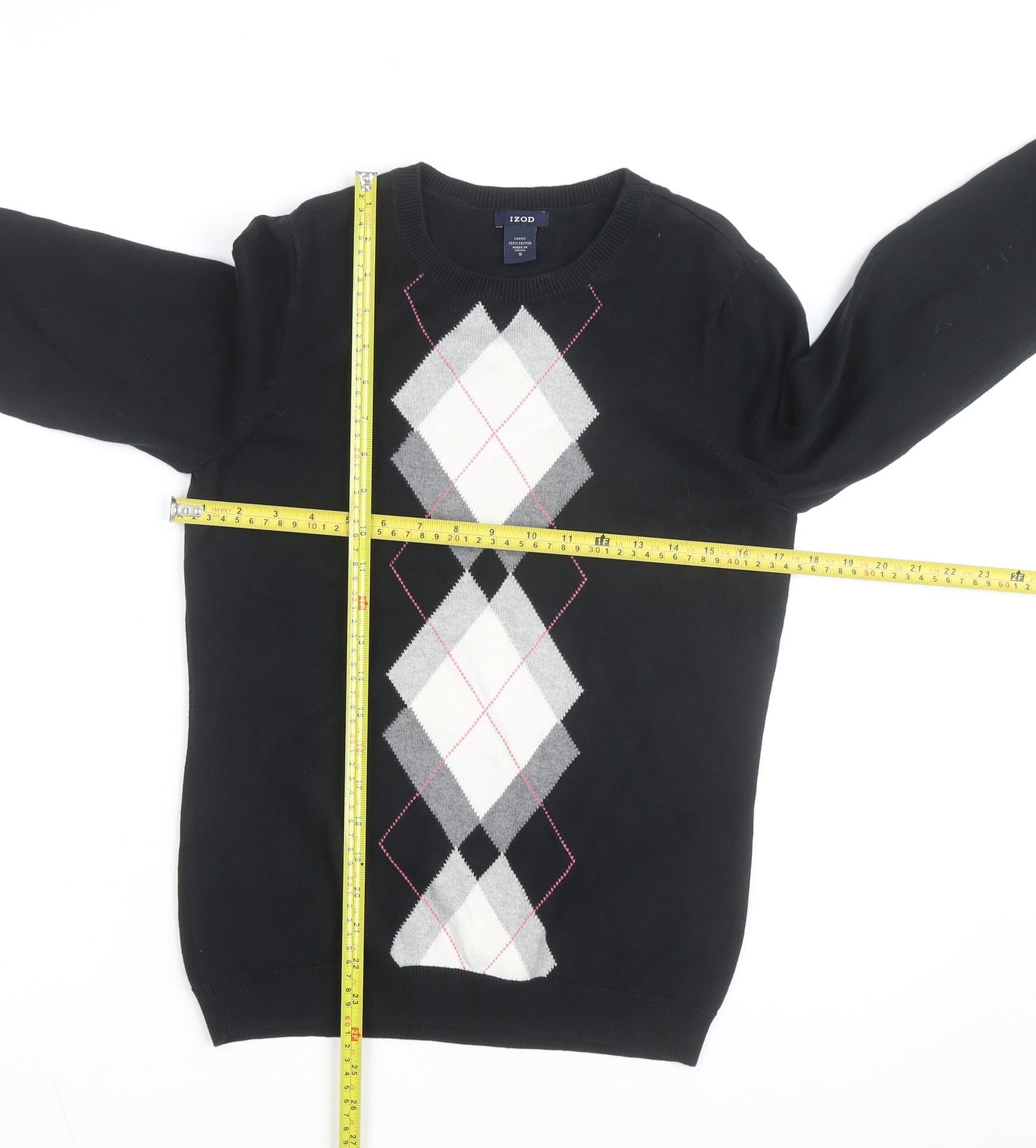 IZOD Womens Black Argyle Cotton Crew Neck Jumper Size S