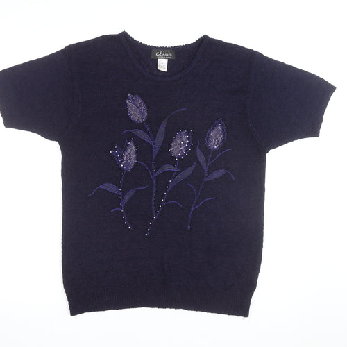 Classic Women's Blue Floral Beaded Knit Short Sleeve Pullover Jumper Size F