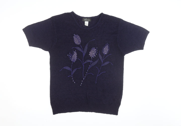 Classic Women's Blue Floral Beaded Knit Short Sleeve Pullover Jumper Size F