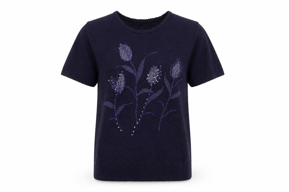 Front view of Classics Women's Blue Floral Beaded Knit Short Sleeve jumper Size F