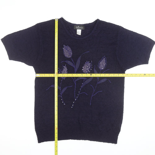 Classic Women's Blue Floral Beaded Knit Short Sleeve Pullover Jumper Size F
