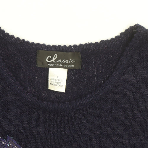 Classic Women's Blue Floral Beaded Knit Short Sleeve Pullover Jumper Size F