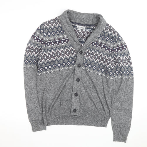 Le Château Men's Grey Fair Isle Cotton Shawl Cardigan Size L