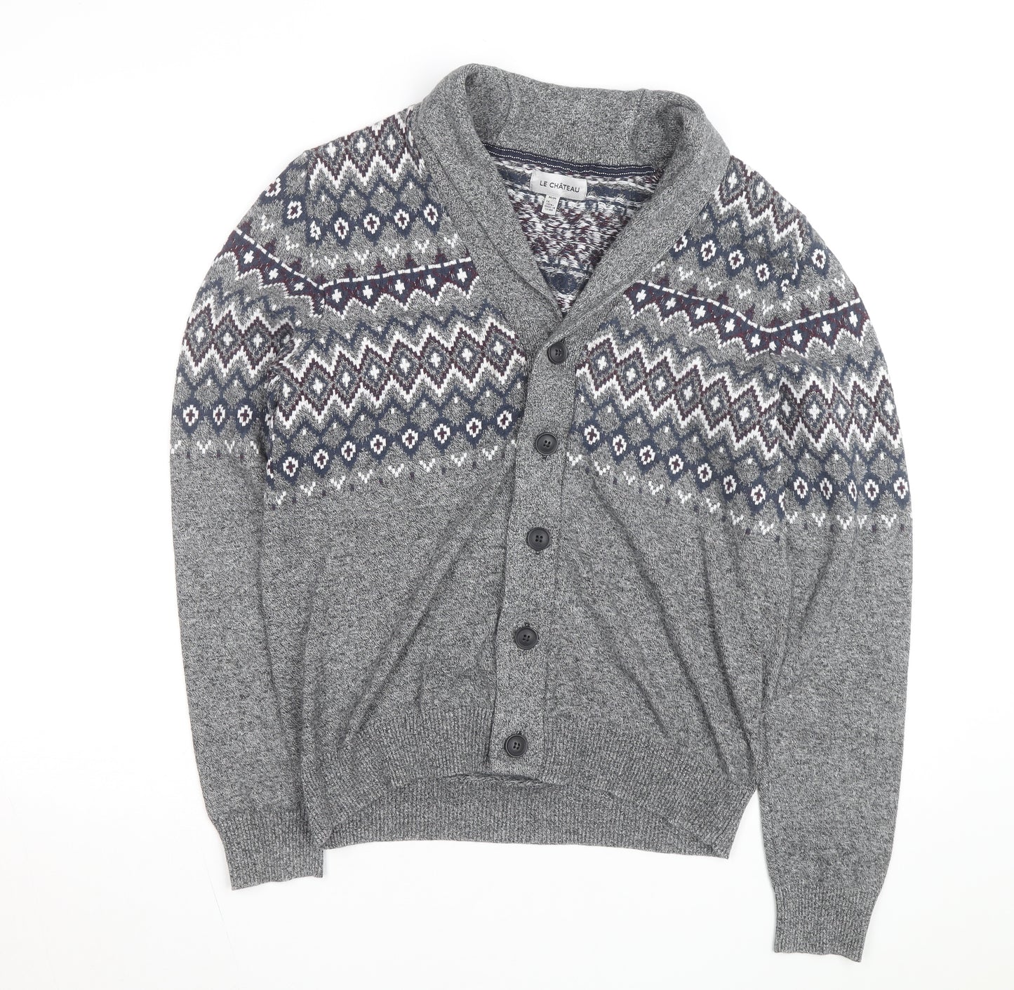 Le Château Men's Grey Fair Isle Cotton Shawl Cardigan Size L