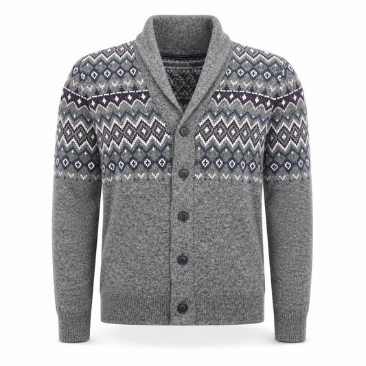 Le Château Men's Grey Fair Isle Cotton Shawl Cardigan Size L