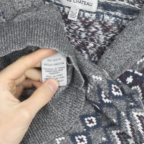 Le Château Men's Grey Fair Isle Cotton Shawl Cardigan Size L