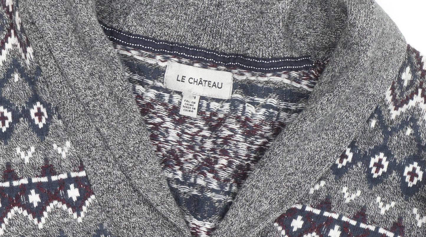 Le Château Men's Grey Fair Isle Cotton Shawl Cardigan Size L