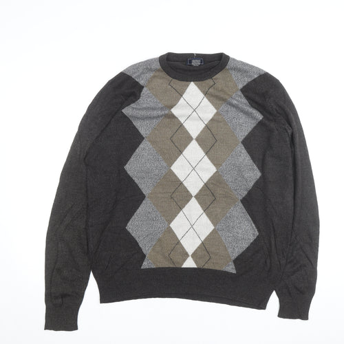 Dockers Men Grey Argyle Crew Neck Pullover Jumper Size L