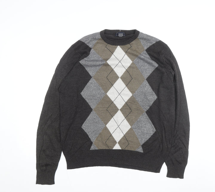 Dockers Men Grey Argyle Crew Neck Pullover Jumper Size L